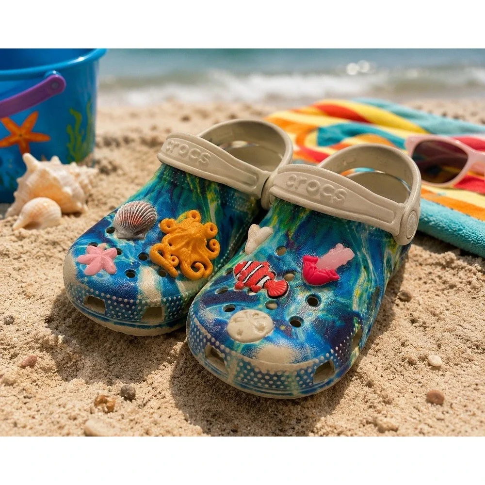 Crocs Kids Under The Sea Classic Clogs C8 Blue Ocean Marble Jibbitz Fish Shell